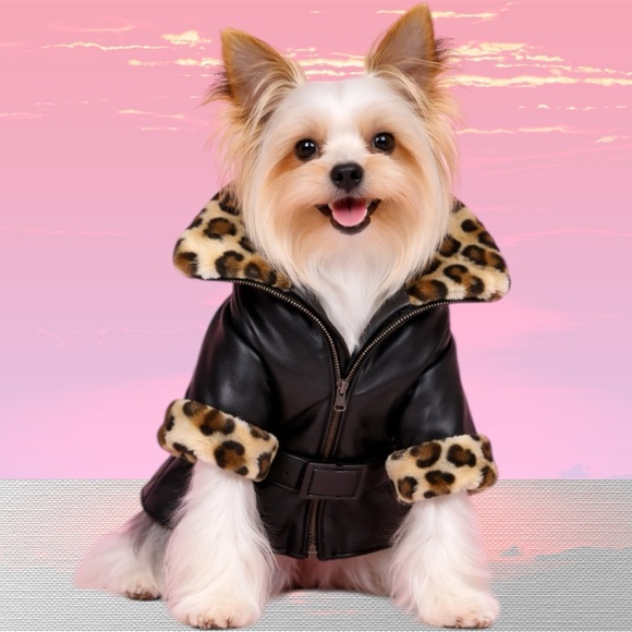 ✅Dog Faux Leather Jacket with Leopard Fur Trim - Picture 6 of 15